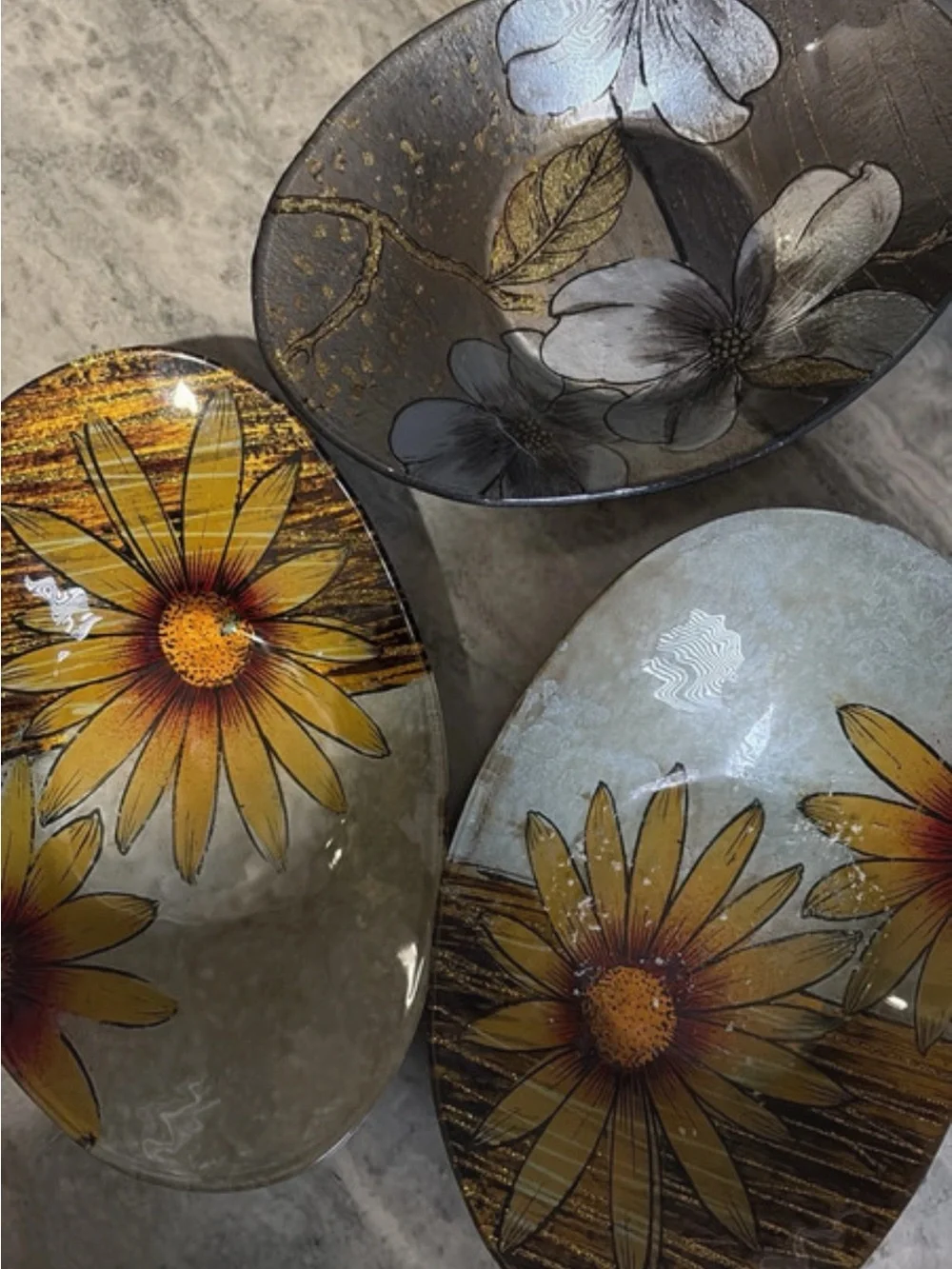 Set of Decorative Floral Glass Bowls - Yellow & Gray